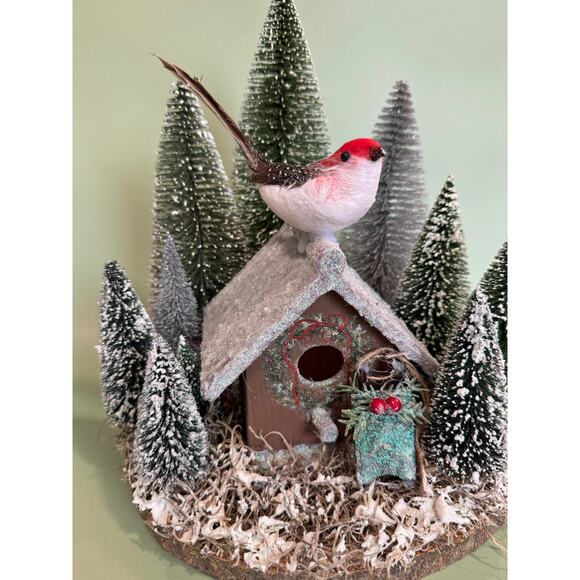 Handmade Other - Winter Birdhouse Assemblage Diorama – Handmade Holiday Decor Centerpiece
